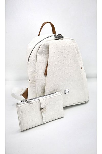 Just Polo Women's White 9-Compartment Embossed Printed Backpack and Wallet Combination