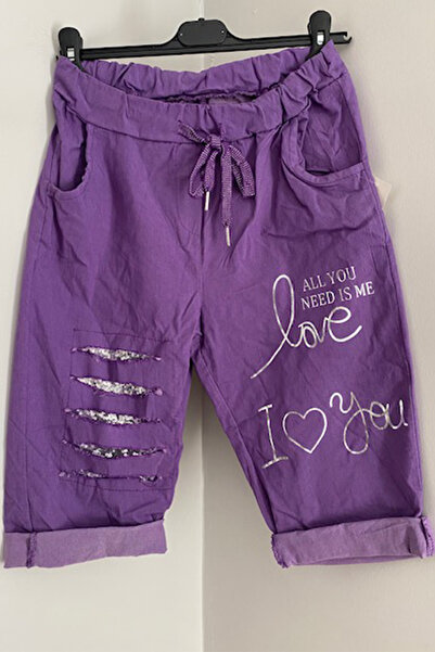 AYASOFYA OTANTIK Μωβ Laser Cut Γυναικείο Slim Σορτς Βερμούδας - Ιταλικό, Λαστιχένια μέση, Λύκρα και Τυπωμένο γράμμα