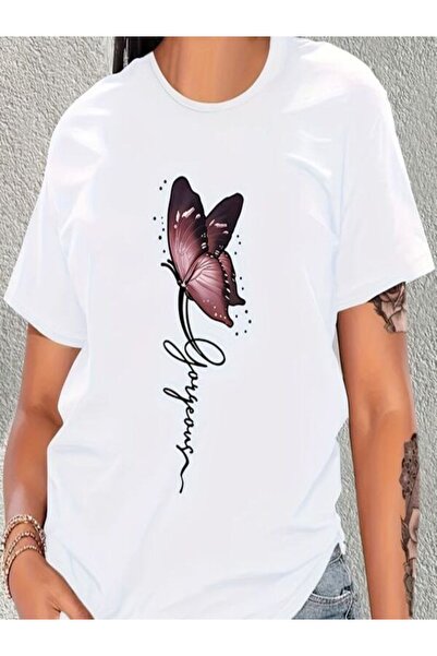 CLASSY.MODA قميص تيشرت سوبريم للنساء - أبيض مطبوع قصة فضفاضة برقبة دائرية وأك...