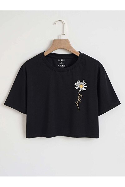 over head oh Crop oversize pentru femei cu imprimeu cu margarete negre