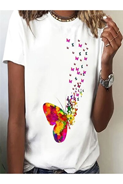 CLASSY.MODA قميص تيشرت سوبريم للنساء - أبيض مطبوع قصة فضفاضة برقبة دائرية وأك...