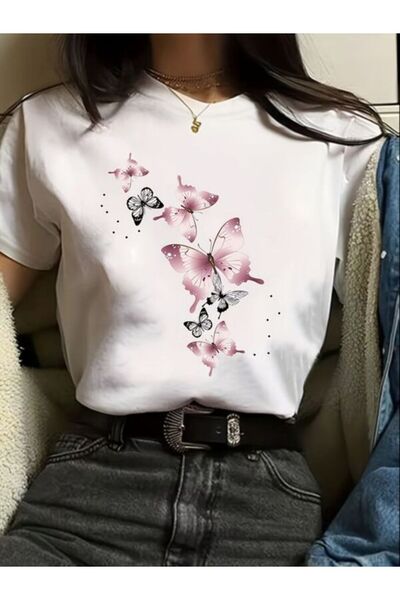 CLASSY.MODA قميص تيشرت سوبريم للنساء - أبيض مطبوع قصة فضفاضة برقبة دائرية وأك...