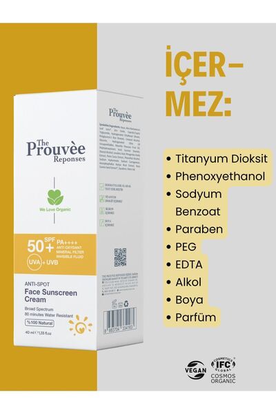 The Prouvee Reponses %100 Doğal 50+SPF Anti-Spot Leke Karşıtı Yüz için Organik Güneş Koruyucu Krem 40 ml