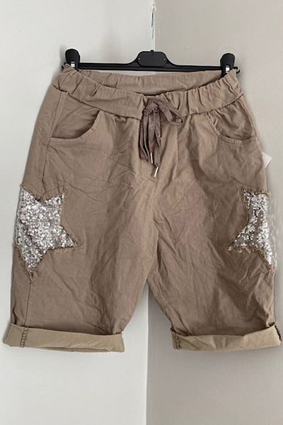 AYASOFYA OTANTIK Γυναικείο ιταλικό βιζόν Star Sequin Patched Lycra Bermuda σορτς