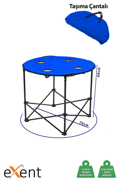 Exent 70 X 60 Cm Yuvarlak Katlanır Taşıma Çantalı Kamp Masası, Piknik Masası-mavi