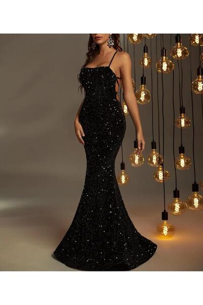 Styling Park Derin Sırt Dekolteli Uzun Payet Abye Elbise