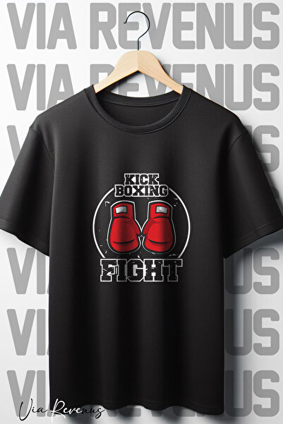 Vordevia Tricou negru oversize Kick Boxing Fight imprimat