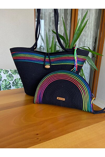 Nev Design 2 Pack Beach Bag & D Clutch Bag, Black Color, Detailed