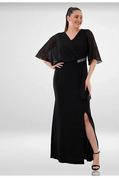 Bersi Butik Plus Size Slit Black Glitter Evening Dress
