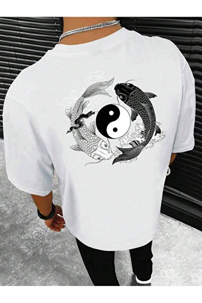 coolart Tricou Ying Yang Fishes - Tricou supradimensionat cu imprimeu alb, de...