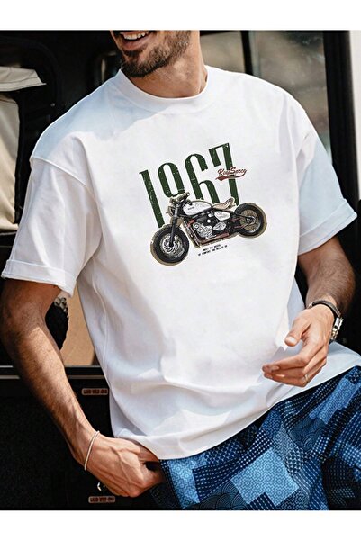 coolart 1967 Motor T-shirt - Bela Štampano Oversize kroj Letnja kratka rukava...