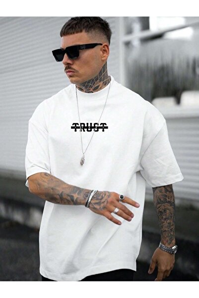 coolart Trust T-Shirt - Tricou cu mânecă scurtă de vară oversize cu imprimeu alb