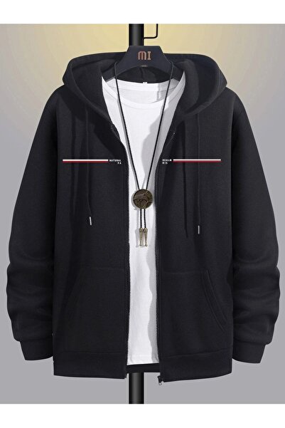 coolart Cardigan de iarnă Realm Paris cu fermoar - Hanorac negru imprimat sup...