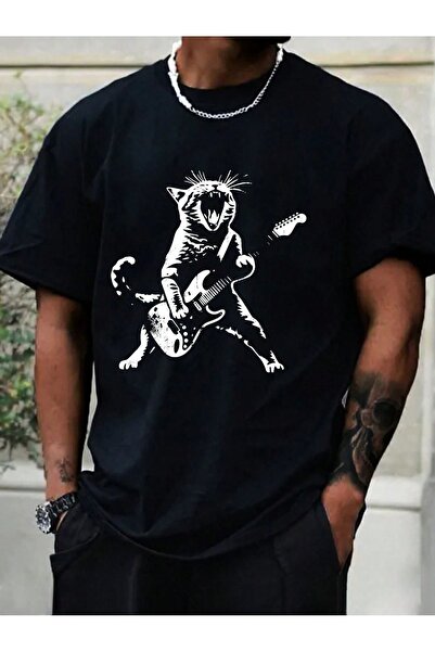 coolart Rock and Roll mačka majica - crna Štampano Oversize kroj letnja kratk...