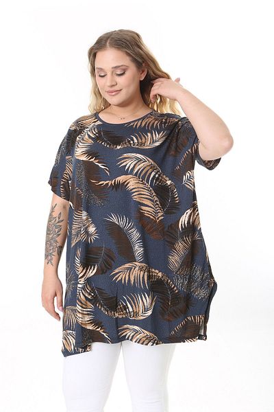 XL Modam WOMEN'S LARGE SIZE LYCRA BLUE BROWN LEAF PATTERNED TUNIC