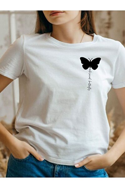 CLASSY.MODA قميص تيشرت سوبريم للنساء - أبيض مطبوع قصة فضفاضة برقبة دائرية وأك...