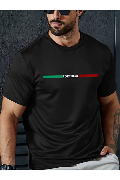 coolart Tricou supradimensionat negru cu dungi Portugalia - Gât crew, mânecă ...