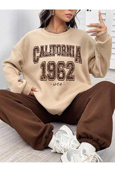 coolart California 1962 Sweatshirt Eşofman Altı Jogger - Bej Kahverengi Baskı...