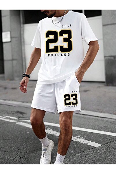coolart 23 Chicago T-Shirt Şort - Set alb de pantaloni scurţi și tricou cu im...