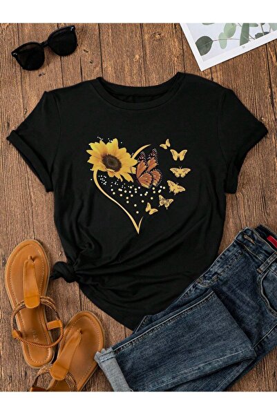 coolart Tricou Heart Floral Butterfly - Tricou oversize cu imprimeu negru, de...