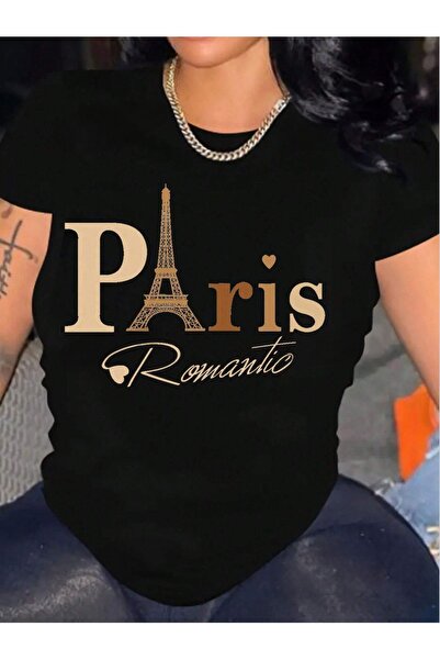 coolart Tricou Paris Romantic - Tricou oversize cu imprimeu negru, de vară, c...