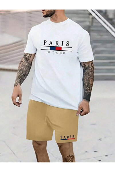 coolart شورت Paris Je T'aime تي شيرت - تي شيرت أبيض بيج سفلي علوي مطبوع برقبة...