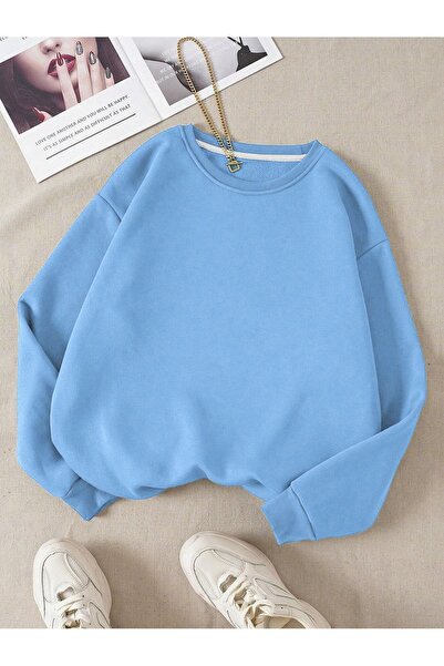 coolart Baskısız Kalın Kışlık Sweatshirt - Bebe Mavisi Oversize Şardonlu Bisi...