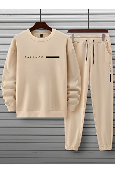 Cool Art Balance Sweatshirt Eşofman Altı Jogger - Bej Baskılı Eşofman Takımı Bisiklet Yaka
