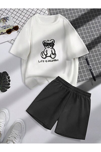 coolart Valuable Bear T-Shirt Şort - Alb Negru Set de pantaloni scurţi și tri...