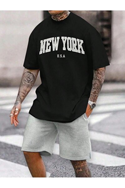 coolart Σορτς T-Shirt Νέα Υόρκη ΗΠΑ - Μαύρο Γκρι Σορτς και Μπλουζάκι Σετ με Σ...