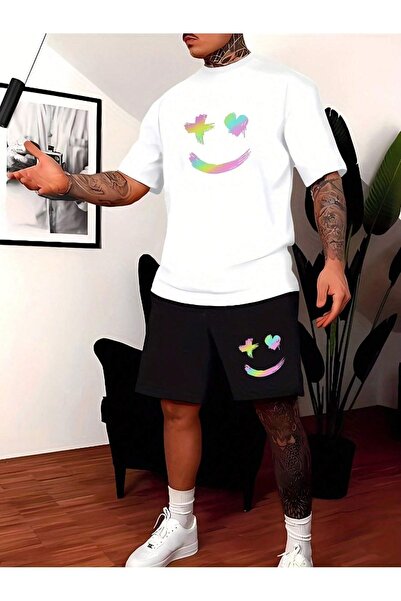 coolart Colorat X Heart Face Tricou Pantaloni scurți - Alb Negru Partea de jo...