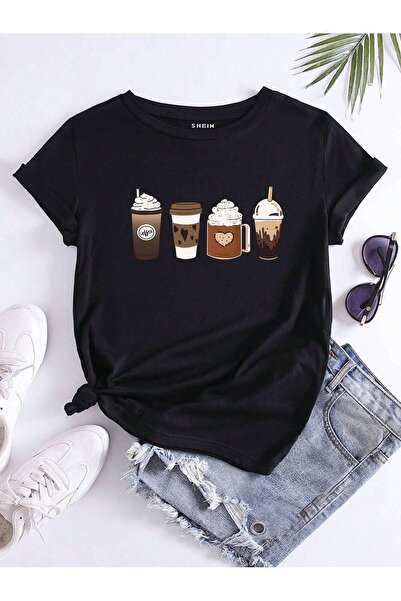 coolart T-Shirt Coffee Cups - Μαύρο με στάμπα Oversize καλοκαιρινό κοντομάνικ...