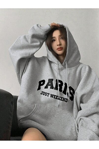 coolart Paris Weekend Χοντρό Χειμερινό Φούτερ - Γκρι με στάμπα, Oversize με κ...