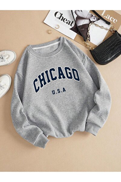 coolart Χιοντικό φούτερ Chicago U.S.A - Γκρι με στάμπα, oversized, με λαιμόκο...