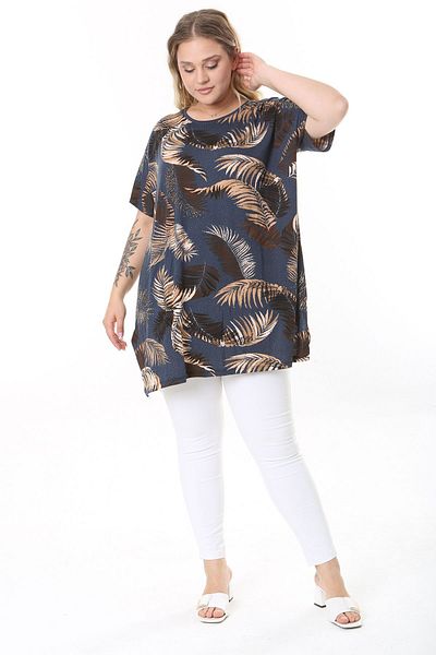 XL Modam WOMEN'S LARGE SIZE LYCRA BLUE BROWN LEAF PATTERNED TUNIC
