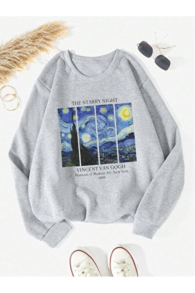 coolart Zvezdana noć debela zimska majica - siva Štampano Oversize kroj Čupka...