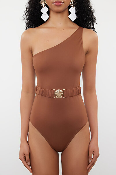 Trendyol Collection One Shoulder Premium Brown Swimsuit - Accessory, Regular Fit TBESS24MA00105