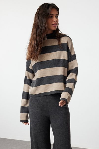 Trendyol Collection Széles szabású antracit csíkos kötöttáru szett - TWOAW24AU00020