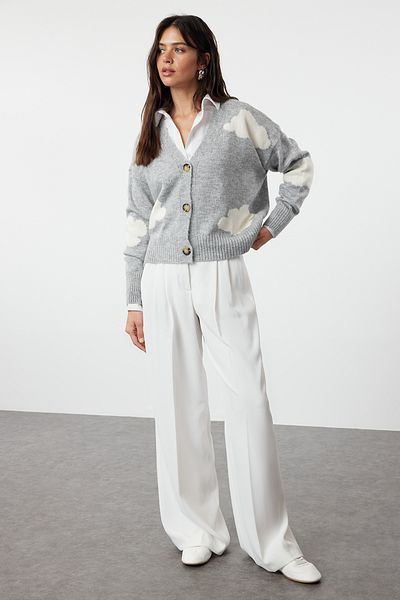 Trendyol Collection Cloud Patterned Gray Soft Knitwear Cardigan - TWOAW21HI0490