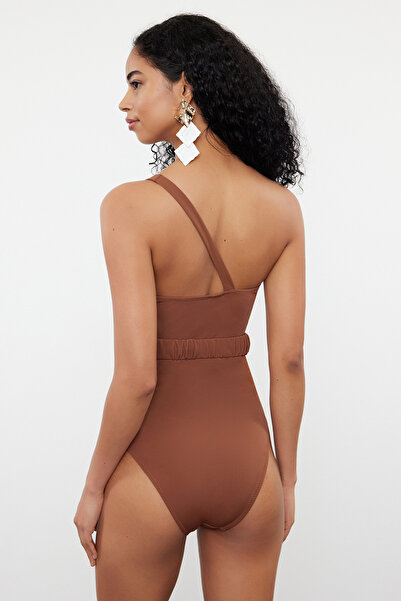 Trendyol Collection One Shoulder Premium Brown Swimsuit - Accessory, Regular Fit TBESS24MA00105