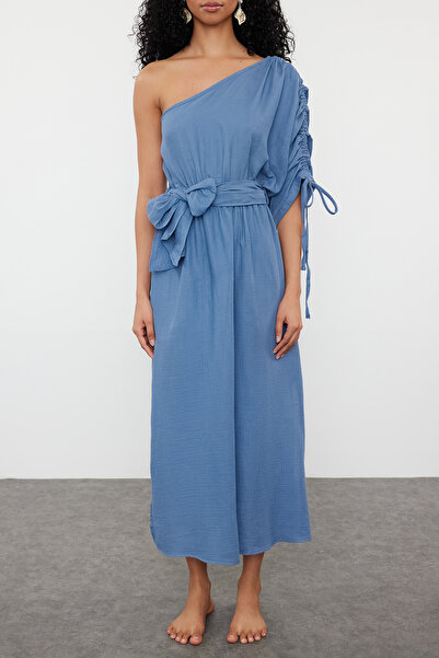 Trendyol Collection Rochie de plajă cu un umăr, țesut maxi cu centură albastră TBESS24EL00110
