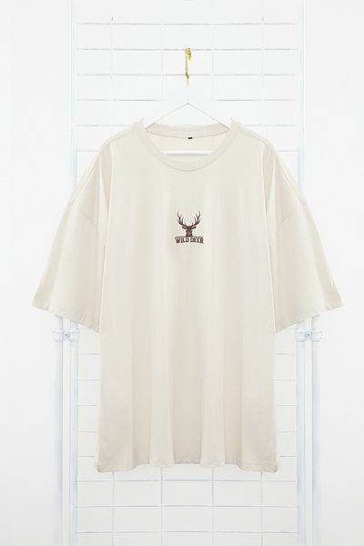 Trendyol Collection Oversize Large Size Stone Color Animal Embroidery Comfortable Cotton T-Shirt - TMNSS24BF00046