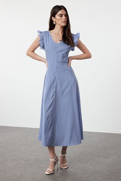 Trendyol Collection V-Neck Navy Blue Floral Print A-Line Dress - Ruffle Detail, Woven, TWOSS24EL01050