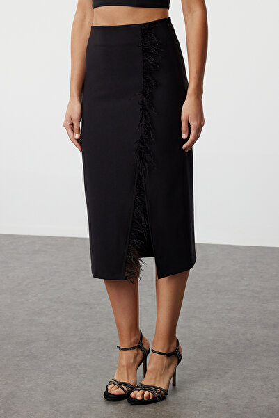Trendyol Collection Fekete szőtt szoknya Otriş részlettel - TPRSS24ET00013