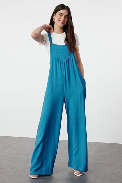 Trendyol Collection Indigo Maxi Linen Jumpsuit - Wide Leg, Woven, TWOSS21TU0090