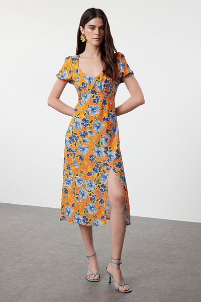 Trendyol Collection Orange Floral Print - A-line Short Sleeve Maxi Dress TWOSS24EL01047