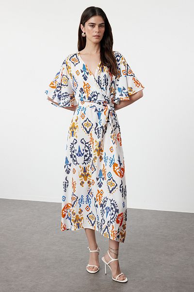 Trendyol Collection Multicolor Ethnic Belted Patterned A-line Double-breasted Collar Woven Dress TWOSS24EL01046