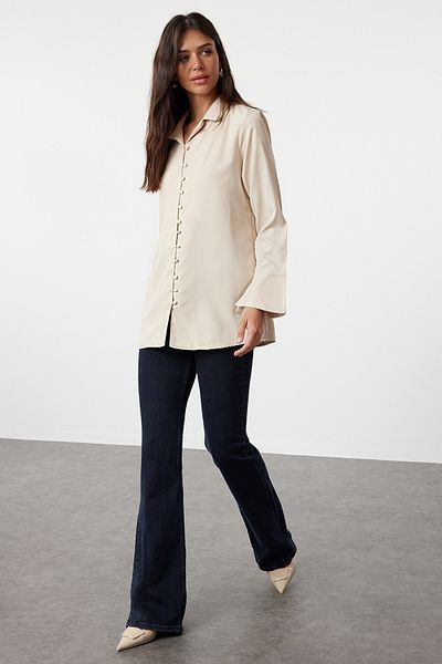 Trendyol Modest Cămașă țesută bej - Detaliu manșetă, TCTSS24TG00068