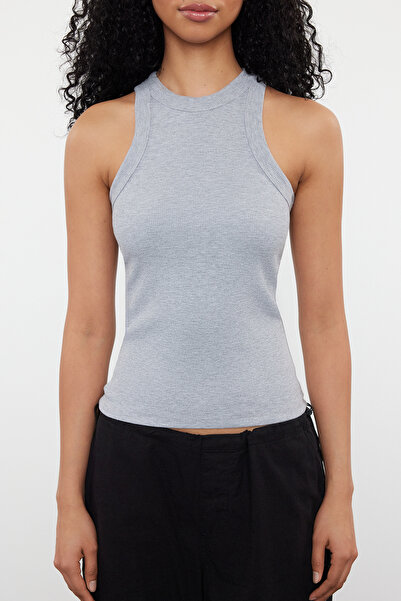 Trendyol Collection Flexible Corded Gray Melange Halter Neck Tank Top - Fitting on the Body, Regular Size TWOSS24AL00064