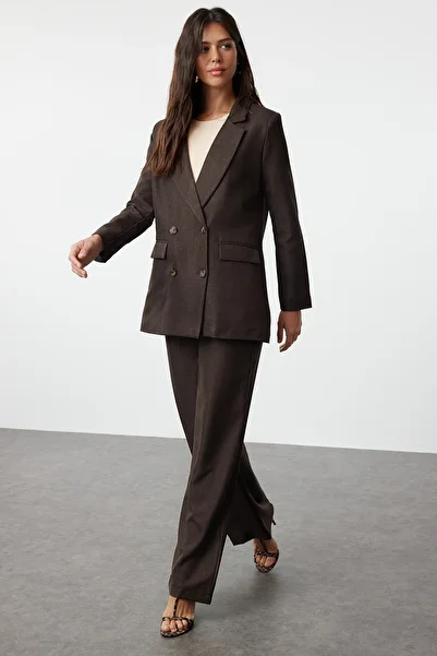 Trendyol Modest Καφέ λινό υφαντό σακάκι παντελόνι κάτω-κορυφή κοστούμι TCTSS24US00079